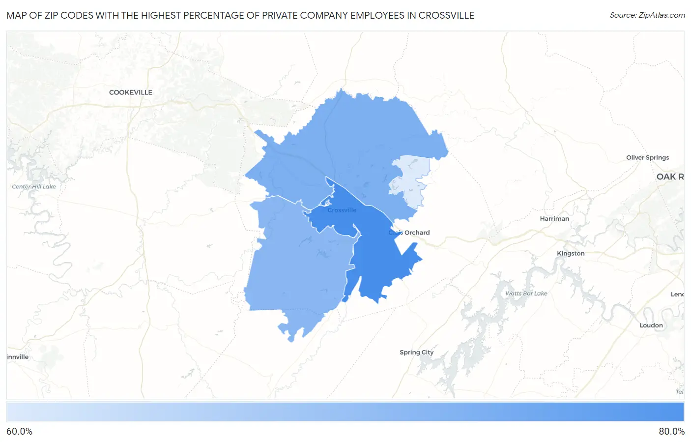 Zip Codes with the Highest Percentage of Private Company Employees in Crossville Map