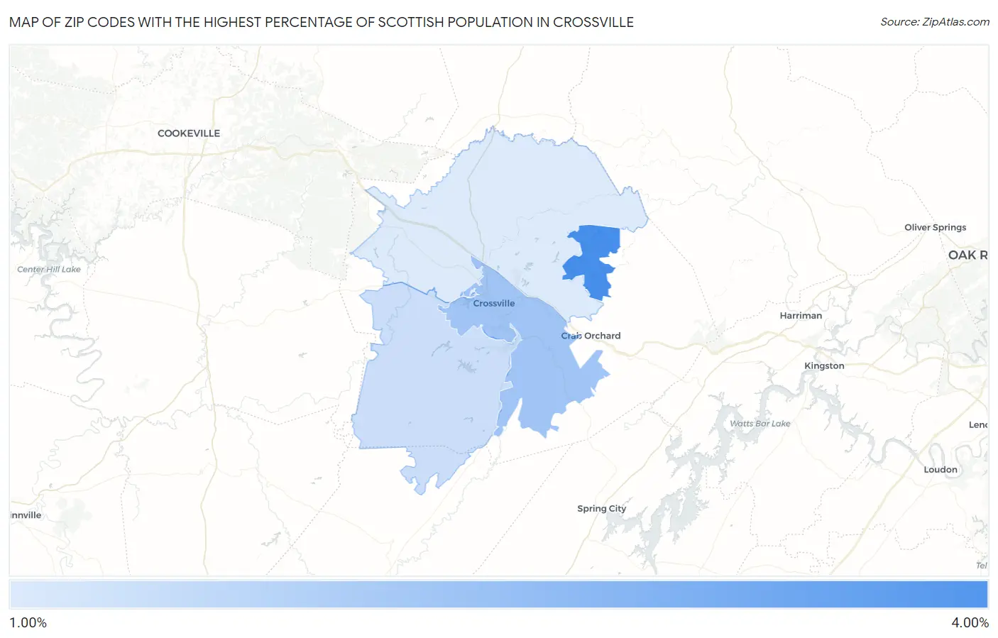 Zip Codes with the Highest Percentage of Scottish Population in Crossville Map