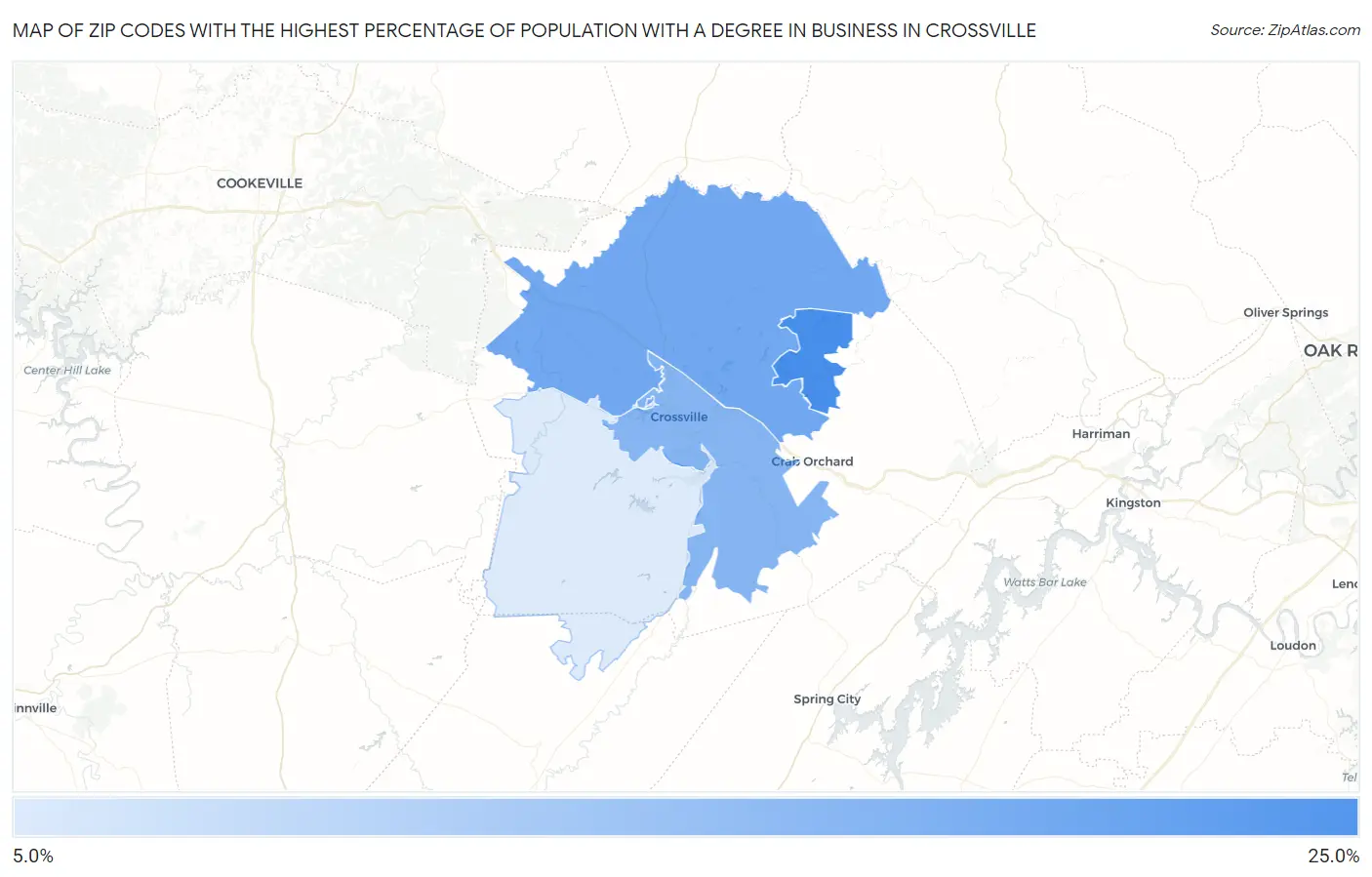 Zip Codes with the Highest Percentage of Population with a Degree in Business in Crossville Map