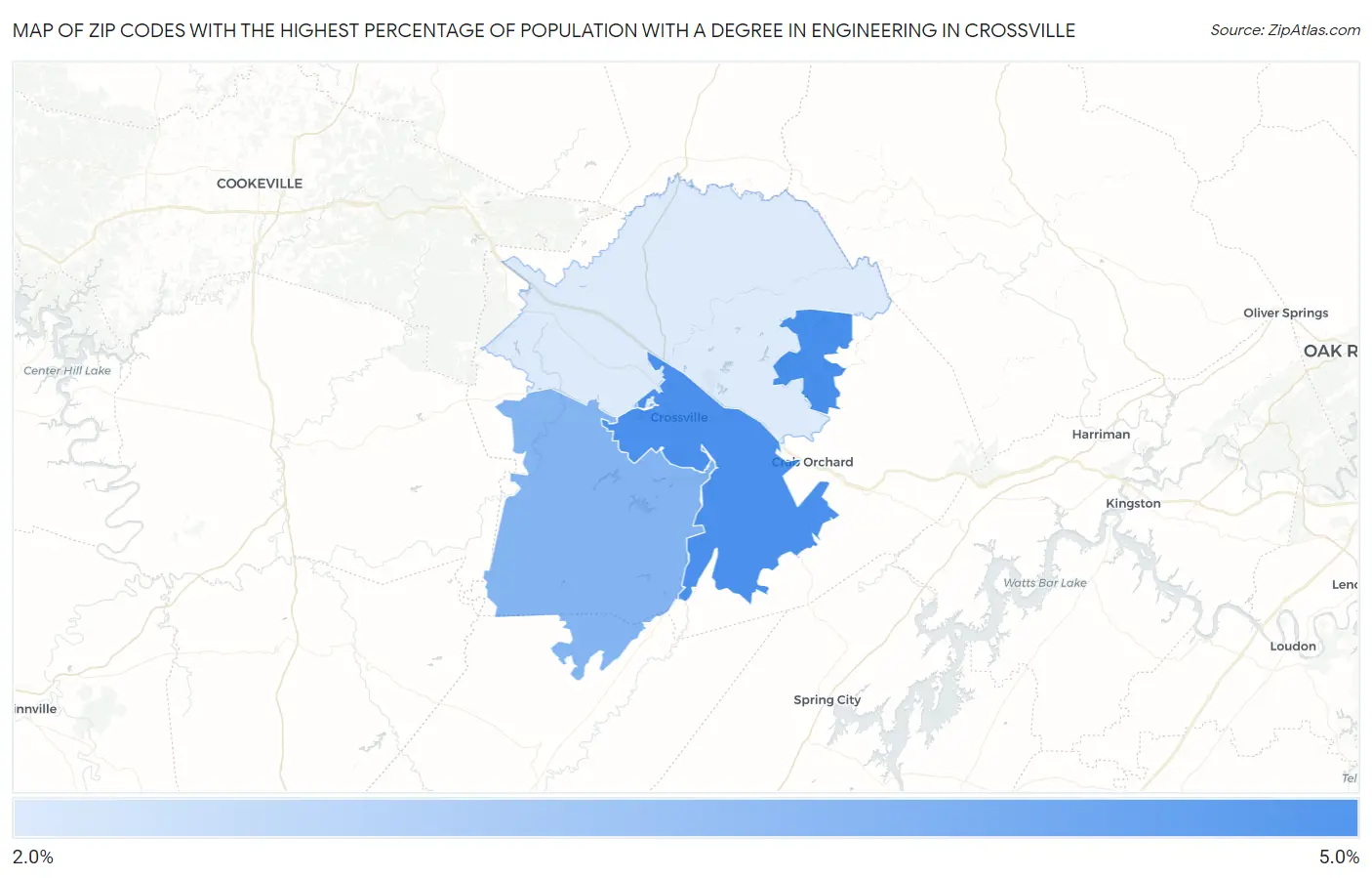 Zip Codes with the Highest Percentage of Population with a Degree in Engineering in Crossville Map