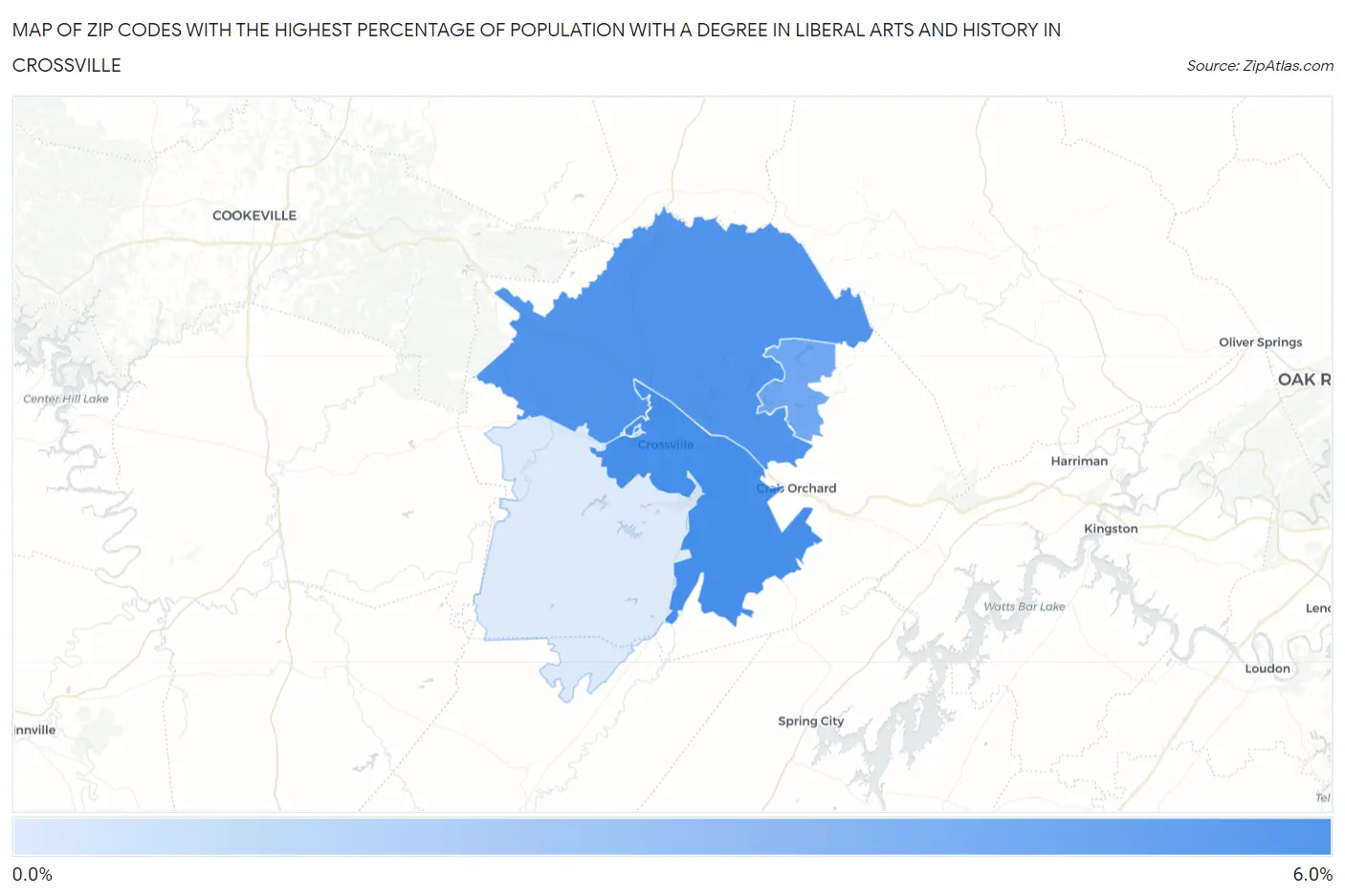 Zip Codes with the Highest Percentage of Population with a Degree in Liberal Arts and History in Crossville Map