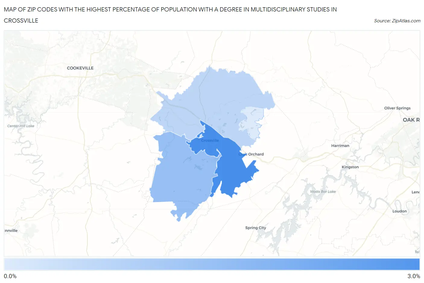 Zip Codes with the Highest Percentage of Population with a Degree in Multidisciplinary Studies in Crossville Map