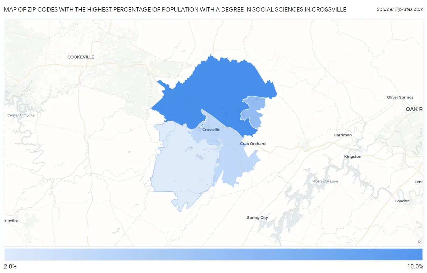 Zip Codes with the Highest Percentage of Population with a Degree in Social Sciences in Crossville Map