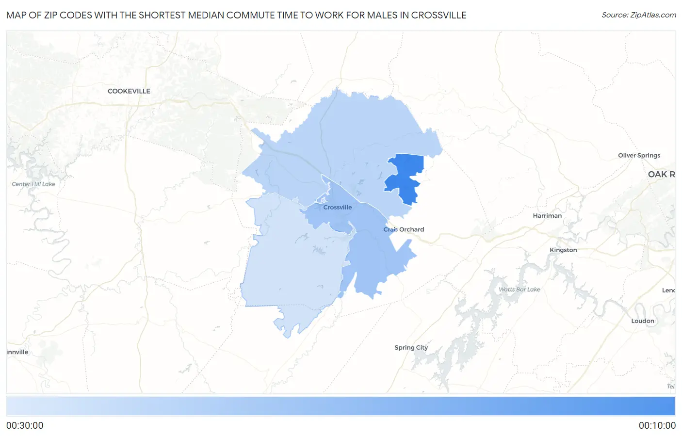 Zip Codes with the Shortest Median Commute Time to Work for Males in Crossville Map