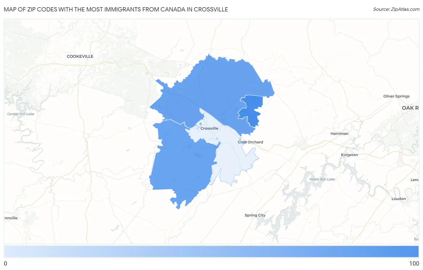 Zip Codes with the Most Immigrants from Canada in Crossville Map