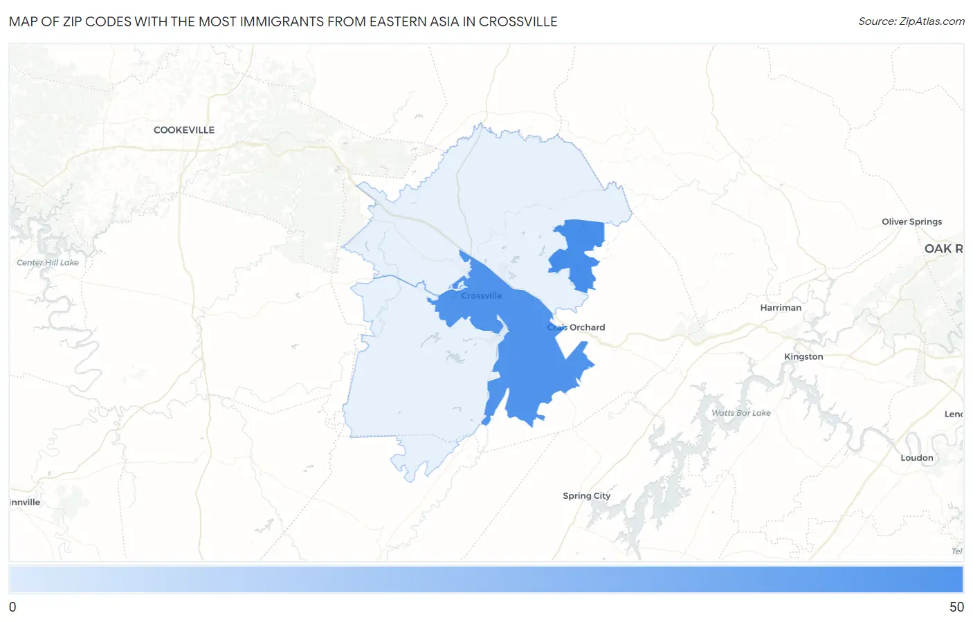 Zip Codes with the Most Immigrants from Eastern Asia in Crossville Map