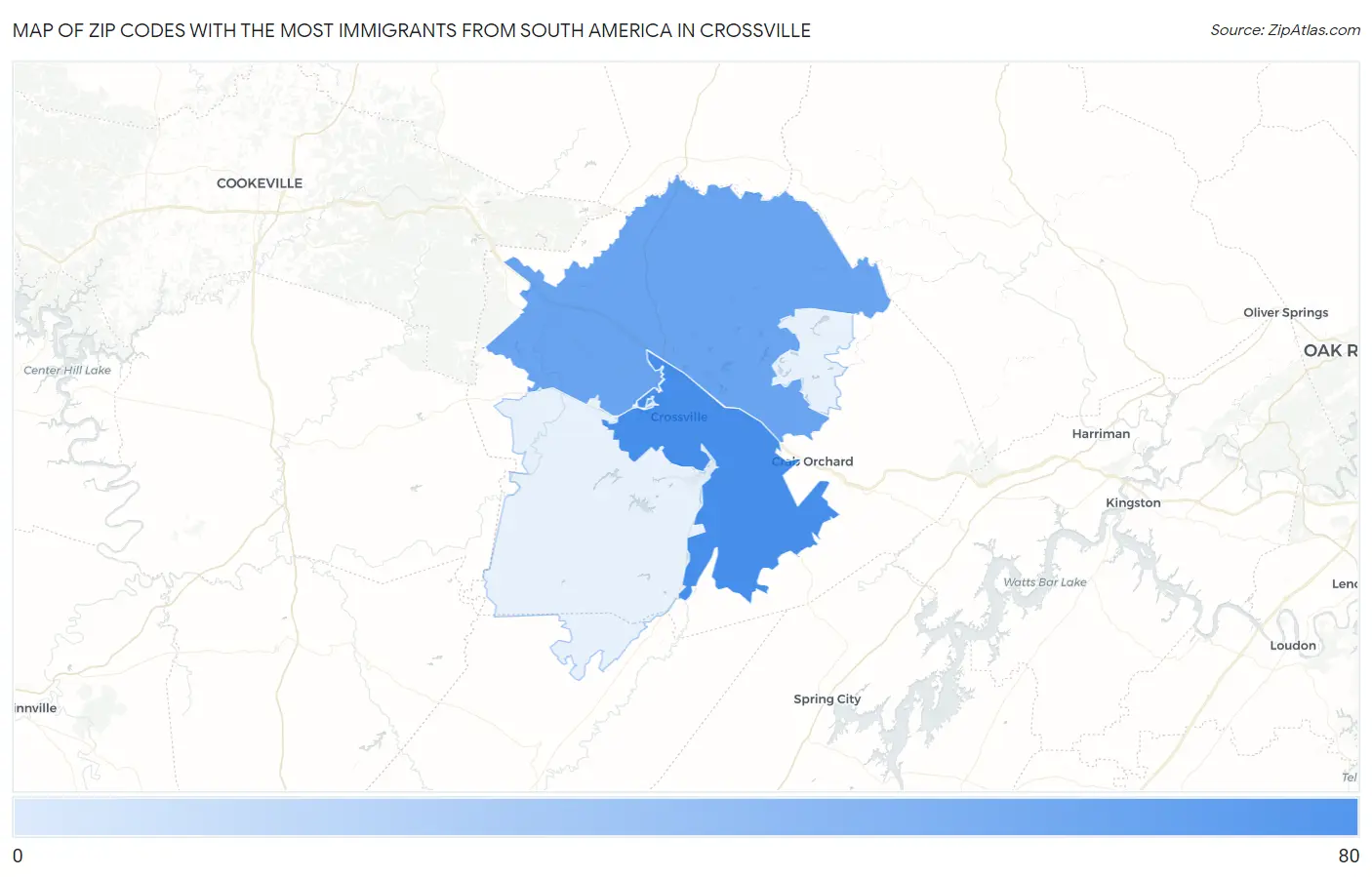 Zip Codes with the Most Immigrants from South America in Crossville Map