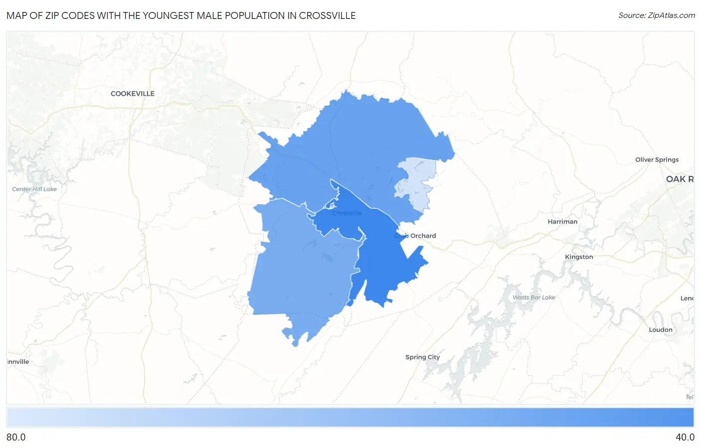 Zip Codes with the Youngest Male Population in Crossville Map