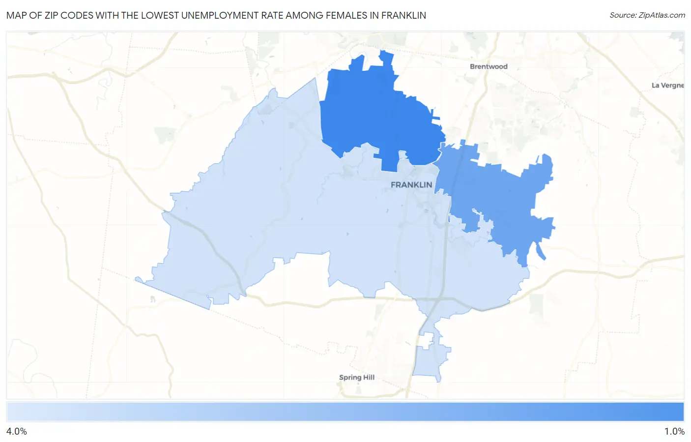 Zip Codes with the Lowest Unemployment Rate Among Females in Franklin Map