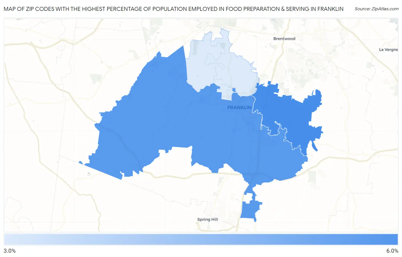 Zip Codes with the Highest Percentage of Population Employed in Food Preparation & Serving in Franklin Map