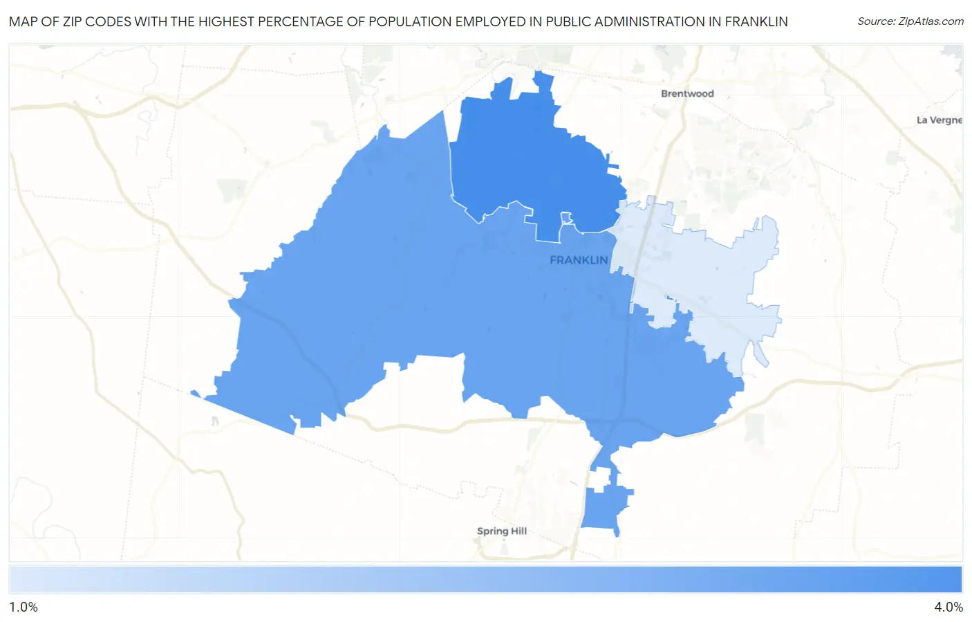 Zip Codes with the Highest Percentage of Population Employed in Public Administration in Franklin Map