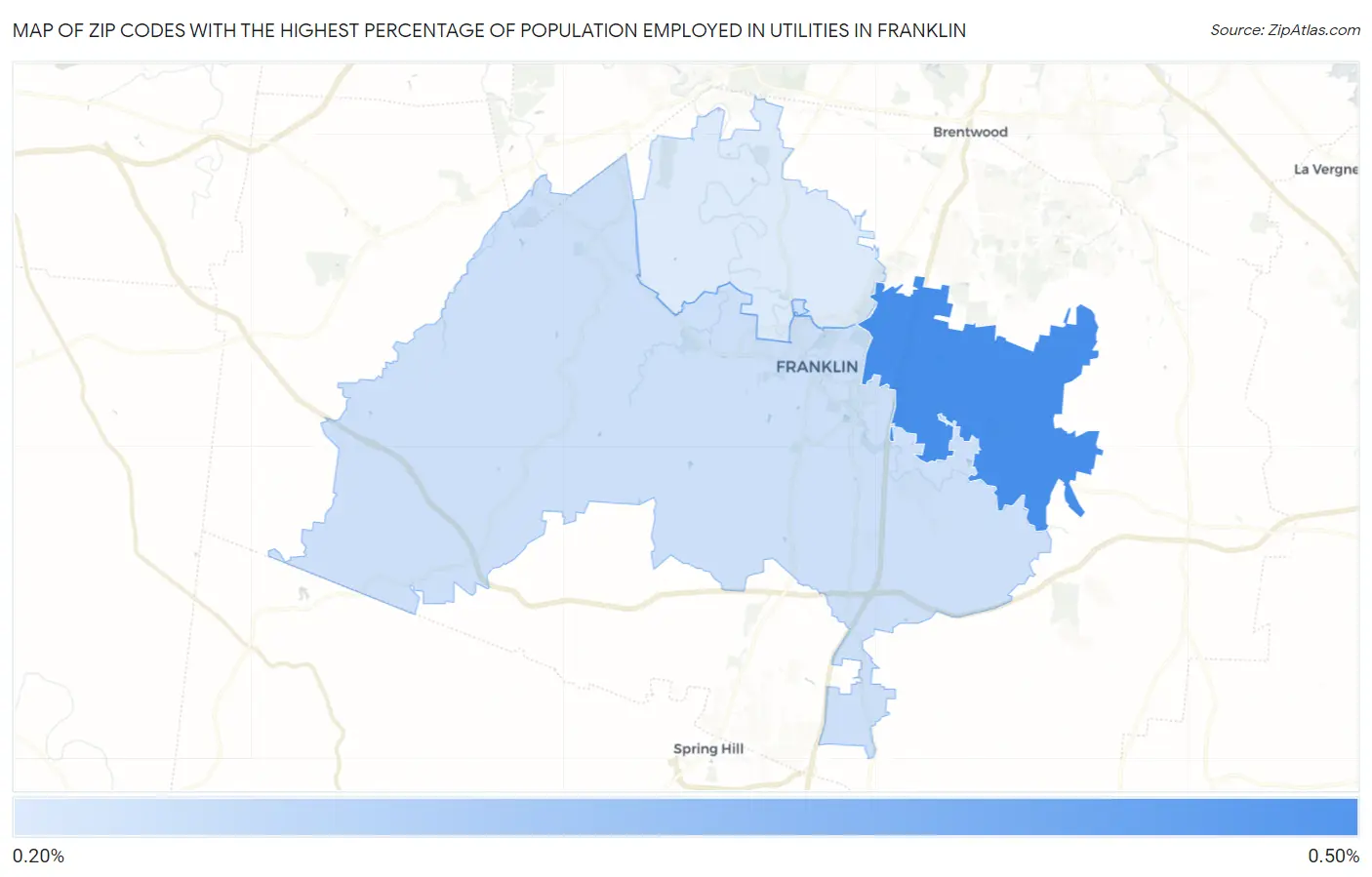 Zip Codes with the Highest Percentage of Population Employed in Utilities in Franklin Map
