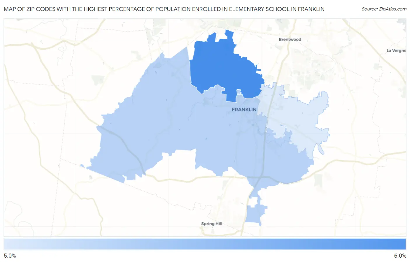 Zip Codes with the Highest Percentage of Population Enrolled in Elementary School in Franklin Map
