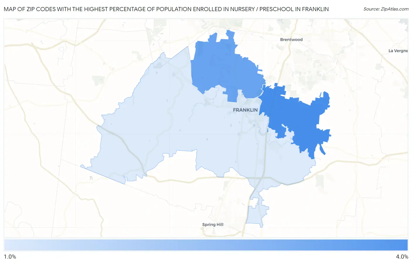 Zip Codes with the Highest Percentage of Population Enrolled in Nursery / Preschool in Franklin Map