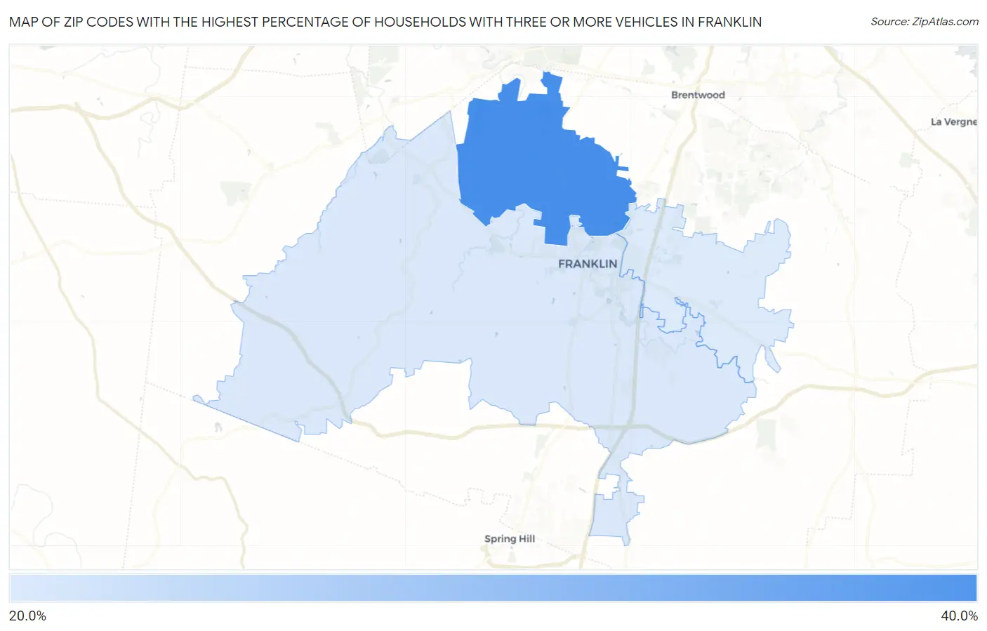 Zip Codes with the Highest Percentage of Households With Three or more Vehicles in Franklin Map
