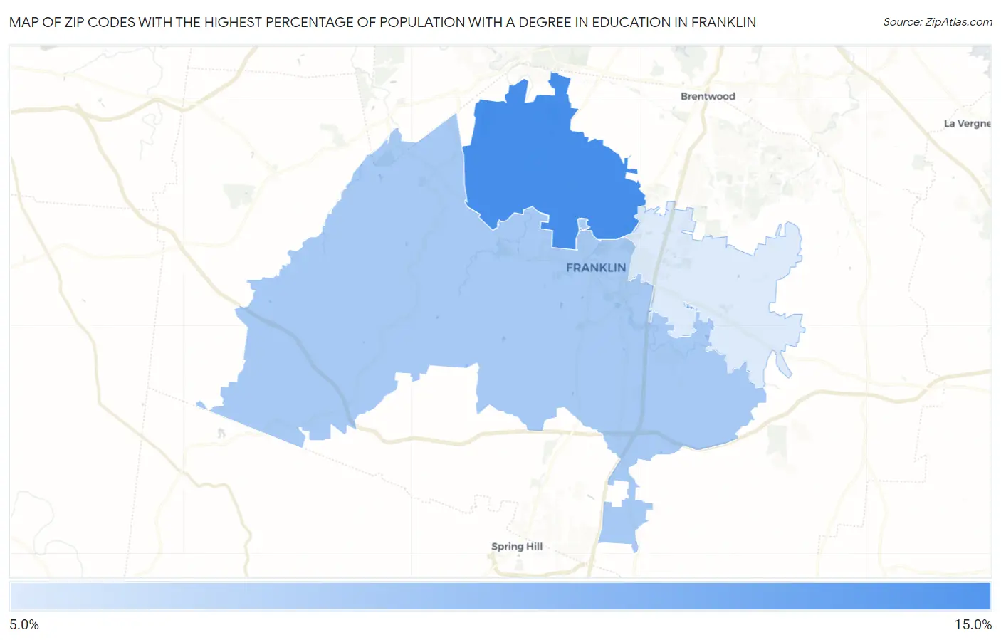 Zip Codes with the Highest Percentage of Population with a Degree in Education in Franklin Map