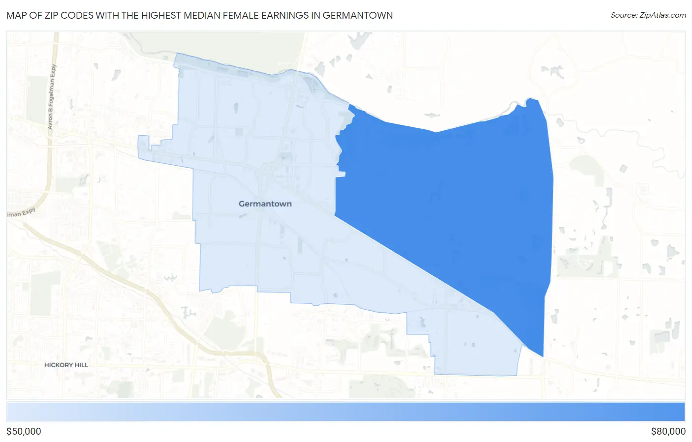 Zip Codes with the Highest Median Female Earnings in Germantown Map