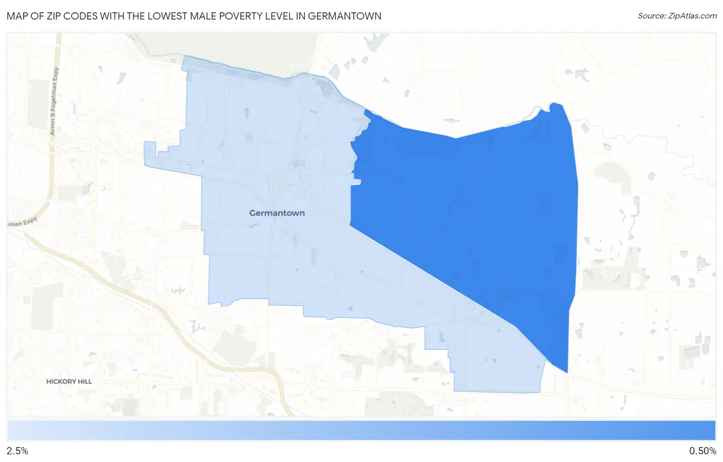 Zip Codes with the Lowest Male Poverty Level in Germantown Map