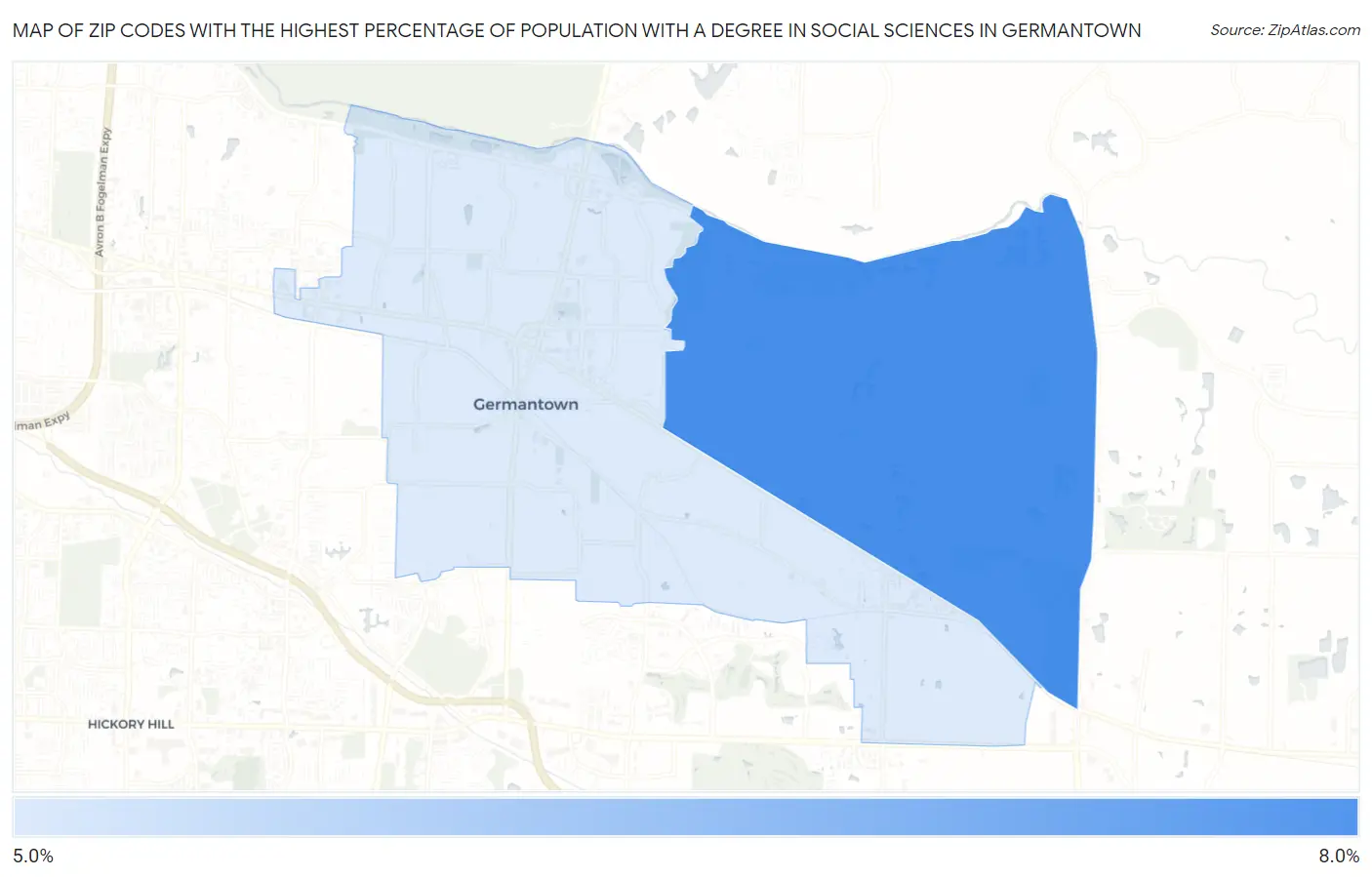 Zip Codes with the Highest Percentage of Population with a Degree in Social Sciences in Germantown Map