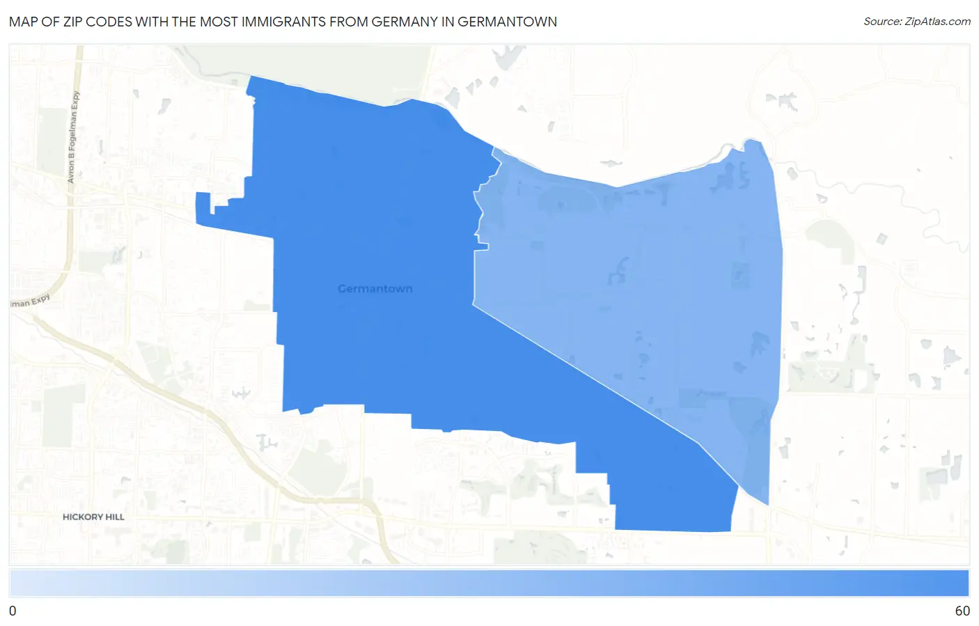 Zip Codes with the Most Immigrants from Germany in Germantown Map