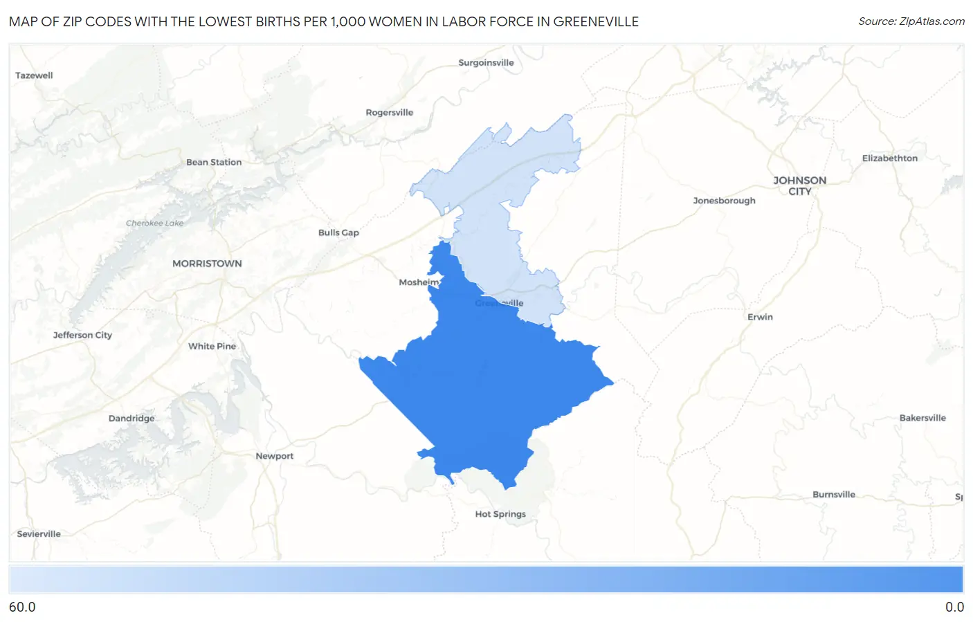 Zip Codes with the Lowest Births per 1,000 Women in Labor Force in Greeneville Map