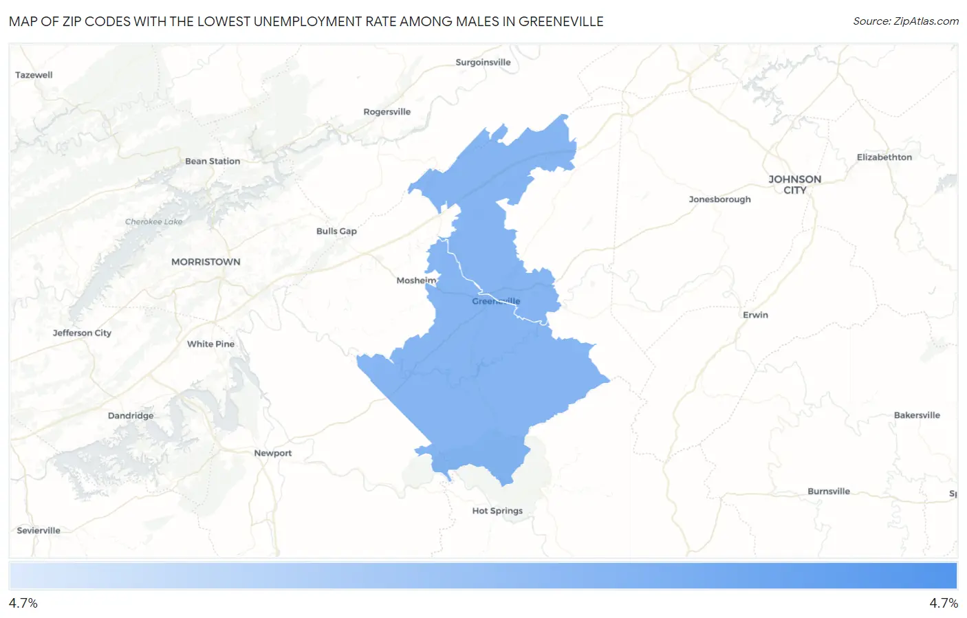 Zip Codes with the Lowest Unemployment Rate Among Males in Greeneville Map
