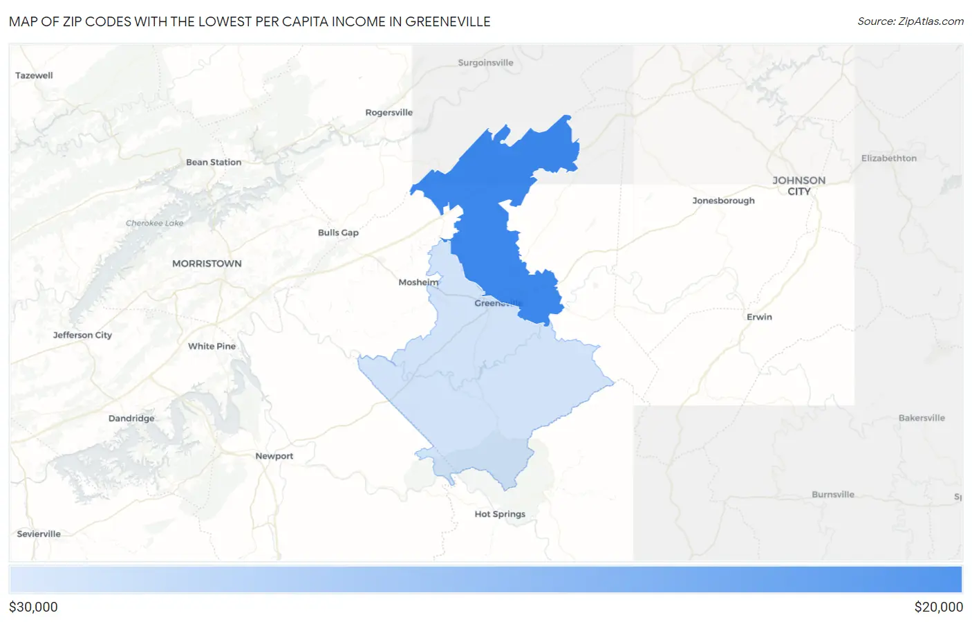 Zip Codes with the Lowest Per Capita Income in Greeneville Map