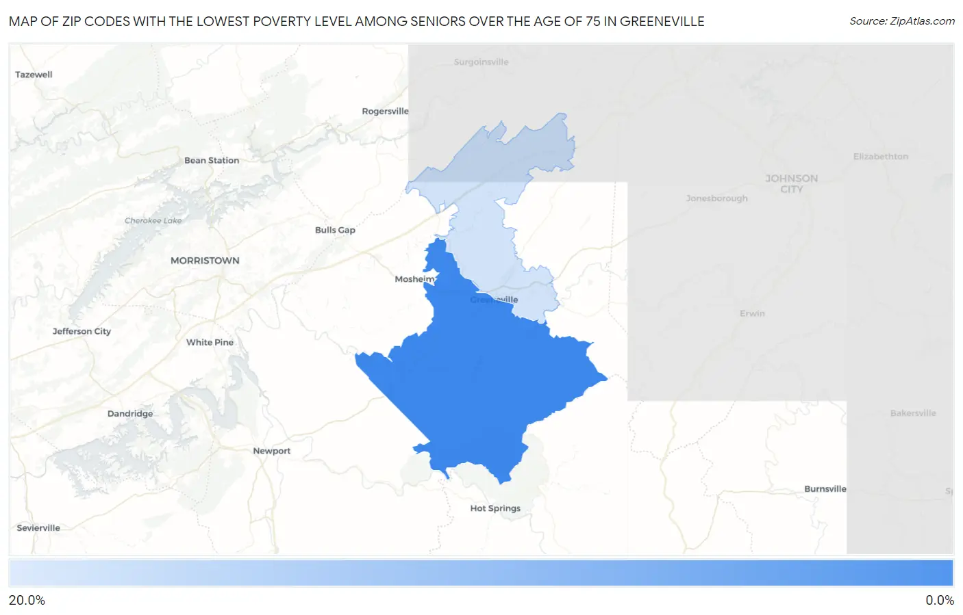 Zip Codes with the Lowest Poverty Level Among Seniors Over the Age of 75 in Greeneville Map