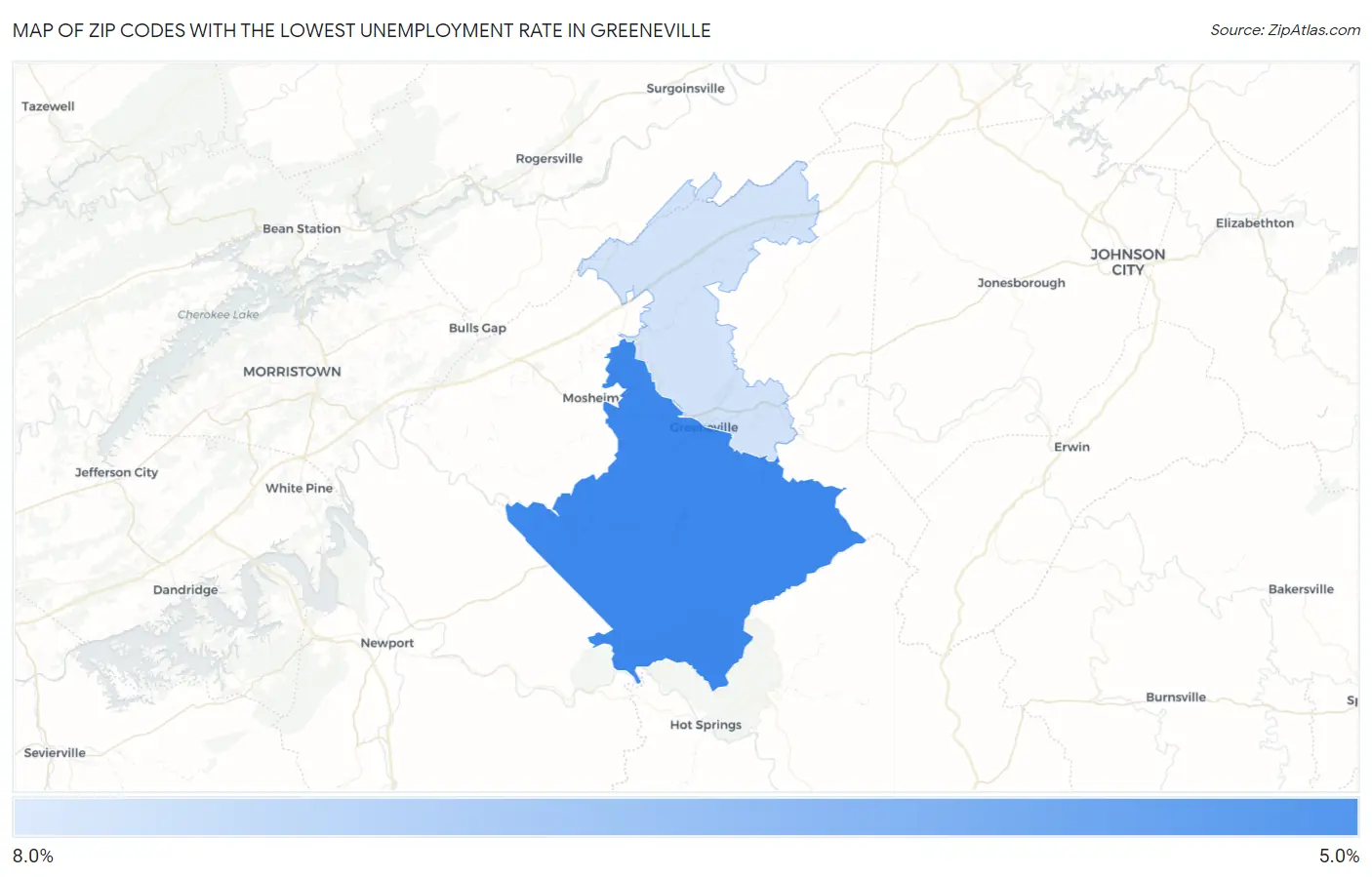 Zip Codes with the Lowest Unemployment Rate in Greeneville Map
