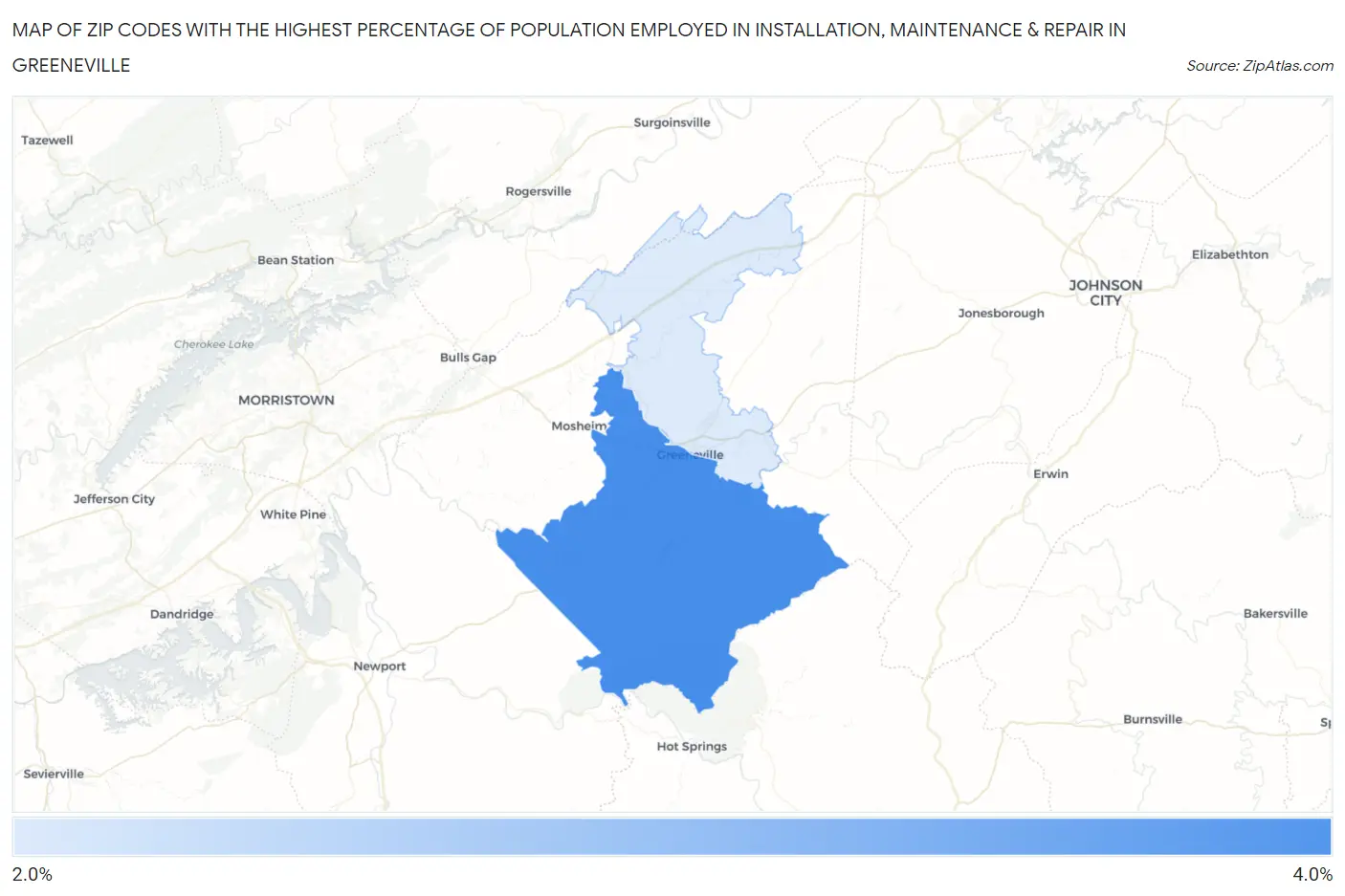 Zip Codes with the Highest Percentage of Population Employed in Installation, Maintenance & Repair in Greeneville Map