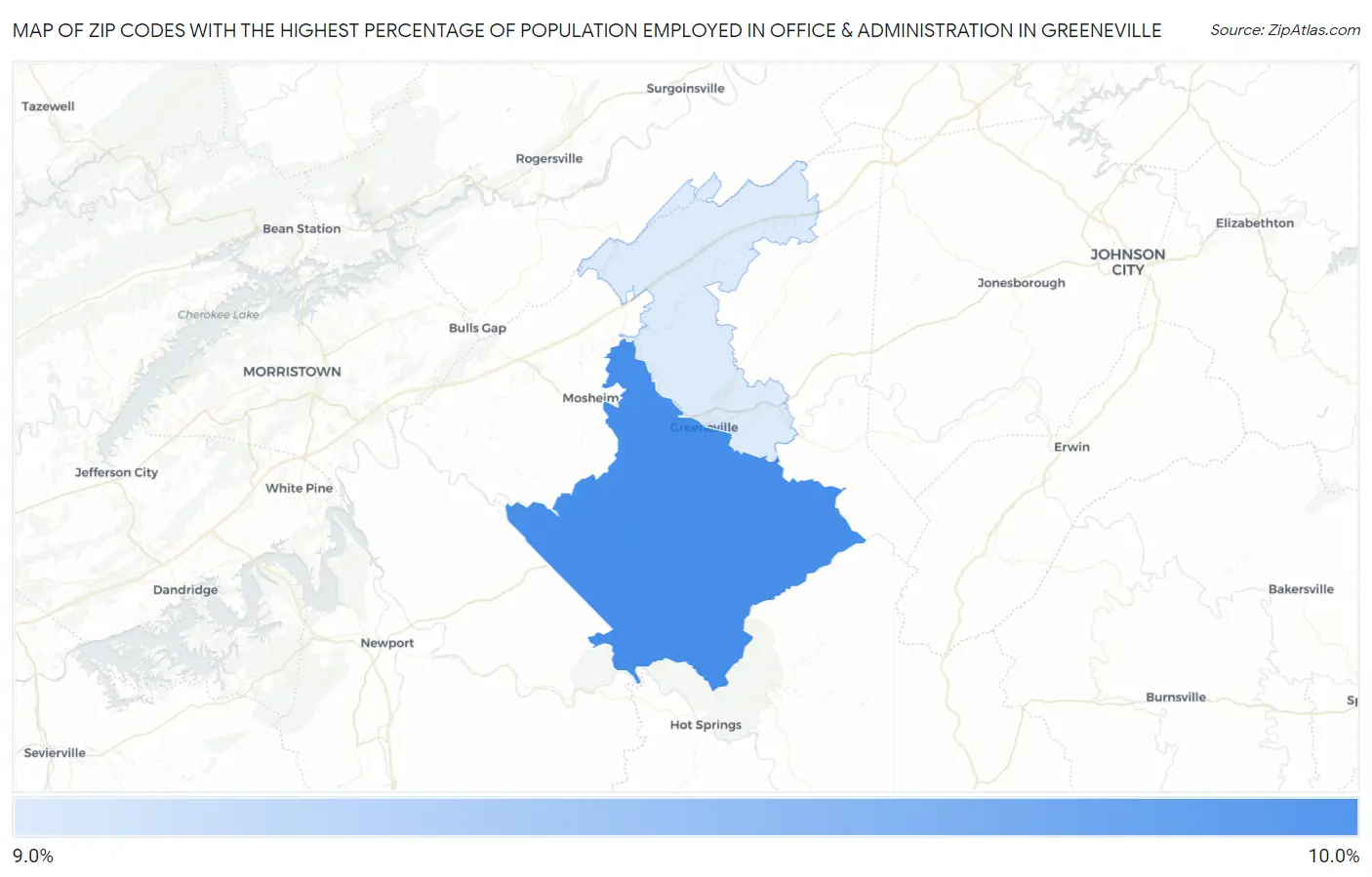 Zip Codes with the Highest Percentage of Population Employed in Office & Administration in Greeneville Map