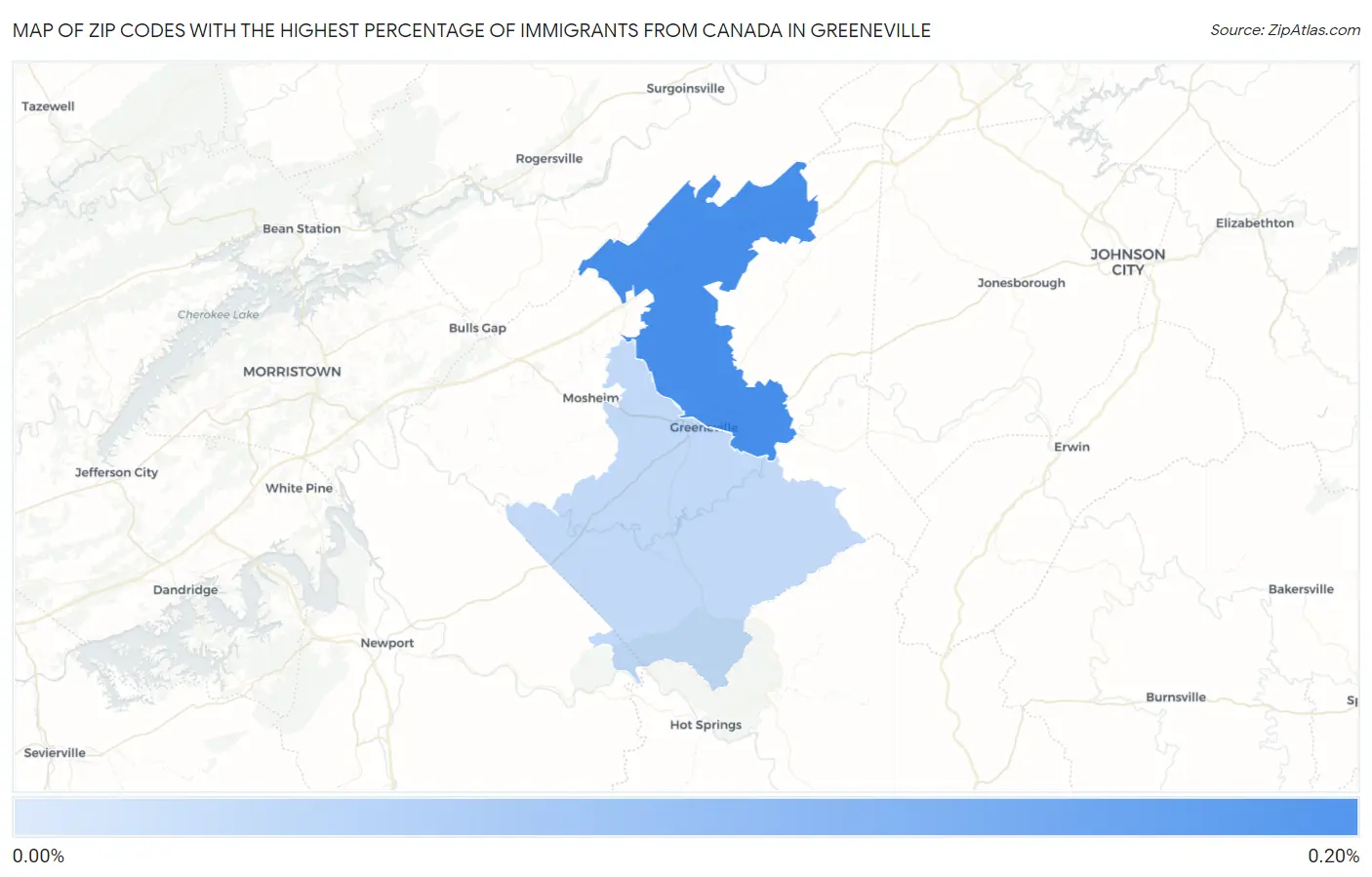 Zip Codes with the Highest Percentage of Immigrants from Canada in Greeneville Map