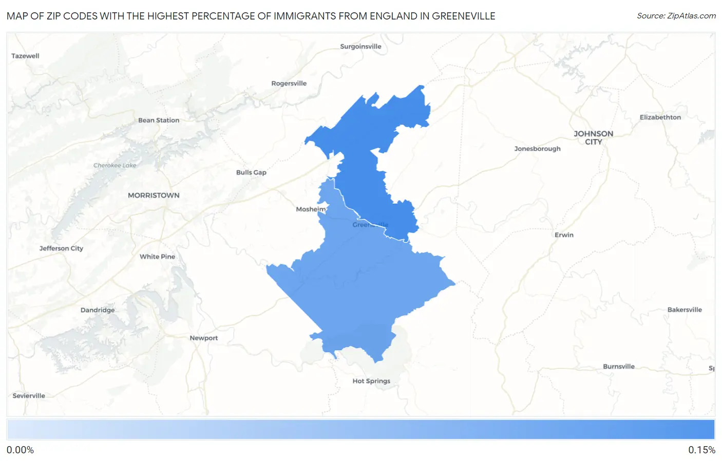 Zip Codes with the Highest Percentage of Immigrants from England in Greeneville Map