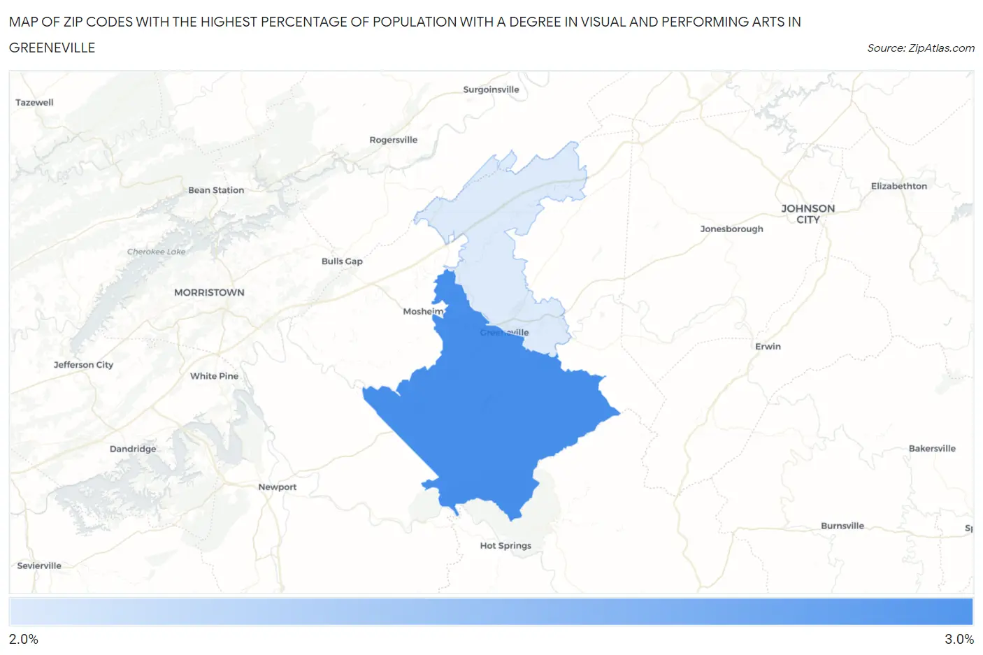 Zip Codes with the Highest Percentage of Population with a Degree in Visual and Performing Arts in Greeneville Map