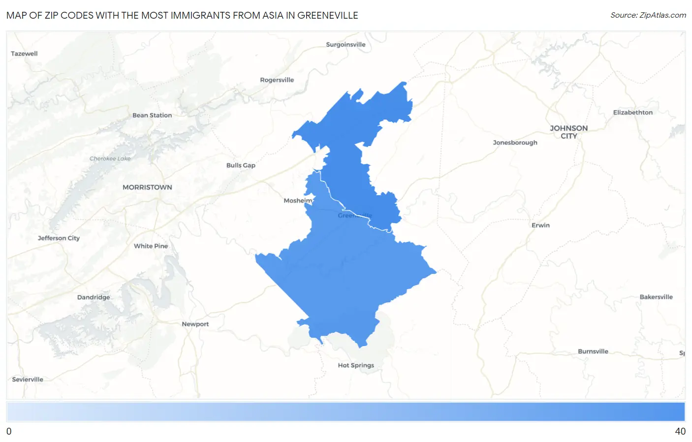 Zip Codes with the Most Immigrants from Asia in Greeneville Map