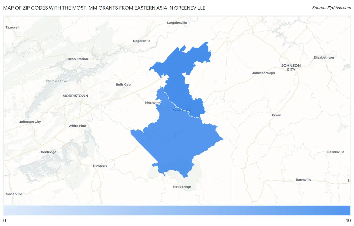 Zip Codes with the Most Immigrants from Eastern Asia in Greeneville Map