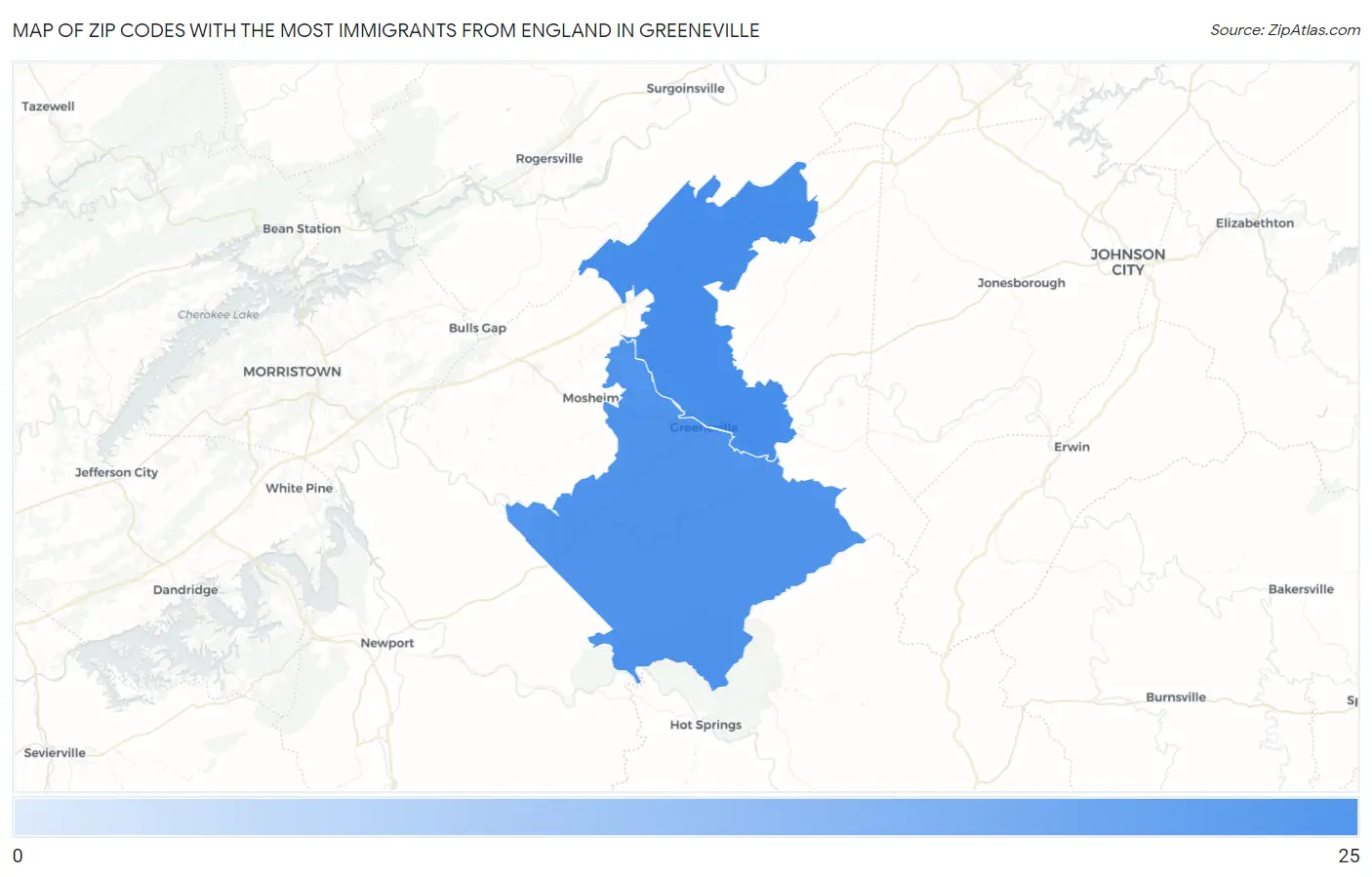 Zip Codes with the Most Immigrants from England in Greeneville Map