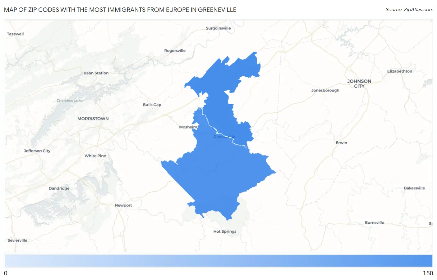 Zip Codes with the Most Immigrants from Europe in Greeneville Map