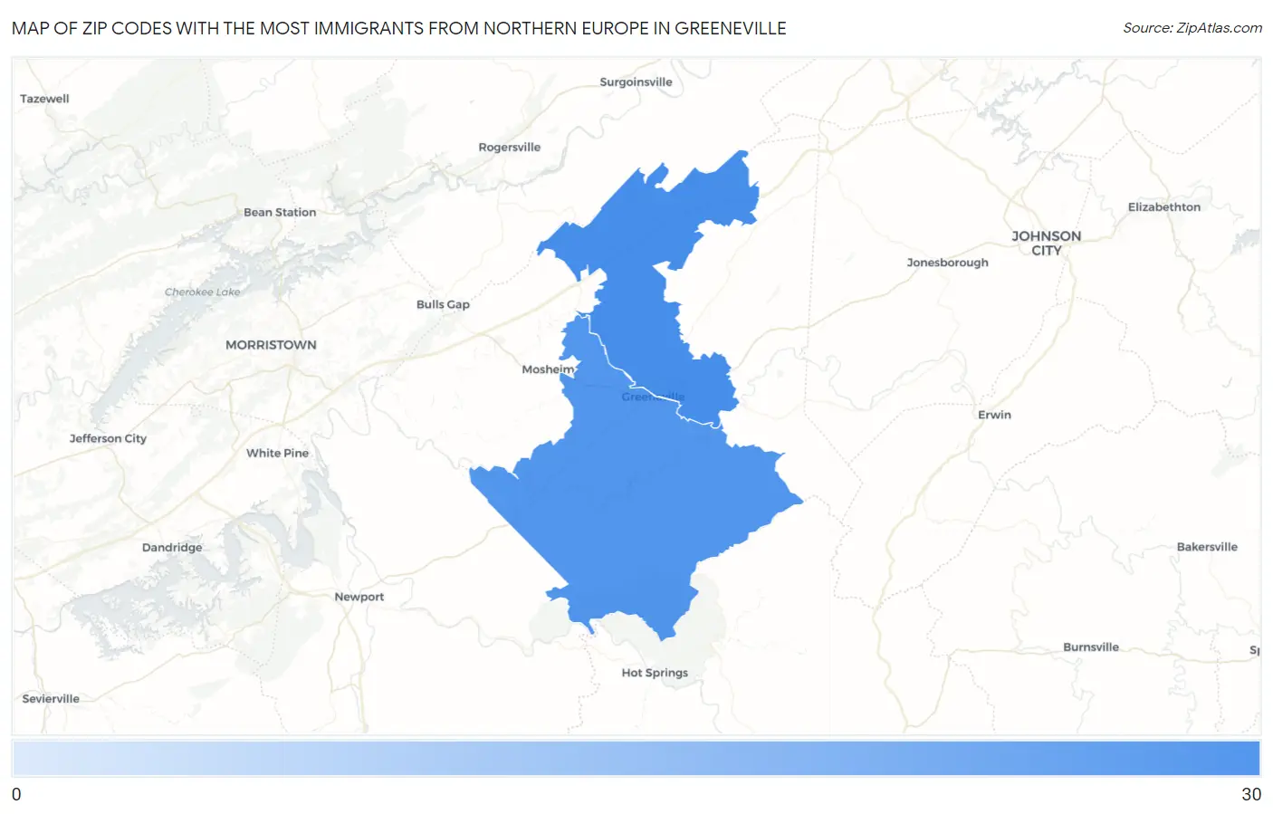 Zip Codes with the Most Immigrants from Northern Europe in Greeneville Map