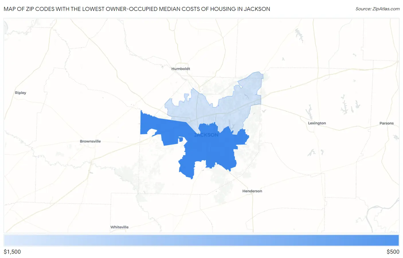 Zip Codes with the Lowest Owner-Occupied Median Costs of Housing in Jackson Map