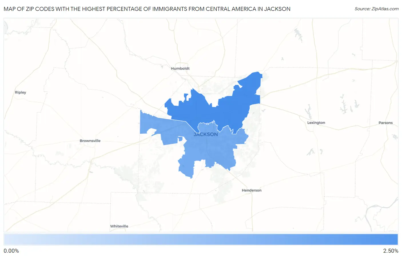 Zip Codes with the Highest Percentage of Immigrants from Central America in Jackson Map