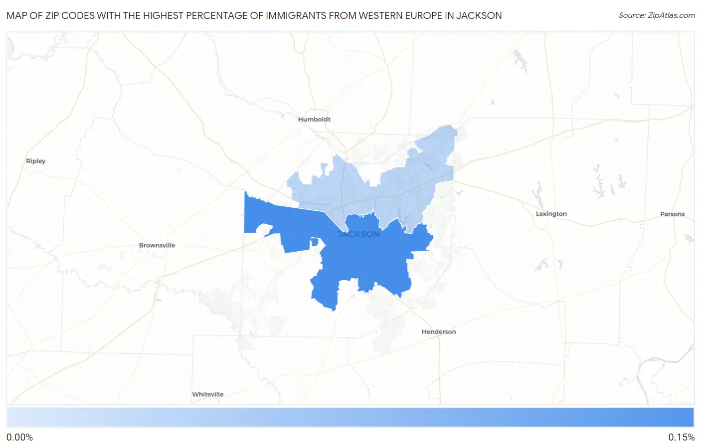 Zip Codes with the Highest Percentage of Immigrants from Western Europe in Jackson Map