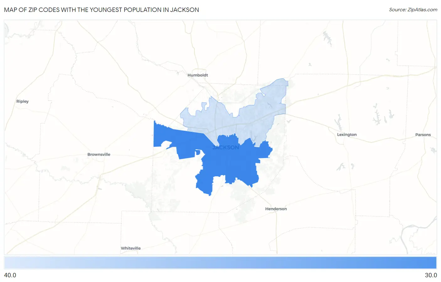 Zip Codes with the Youngest Population in Jackson Map
