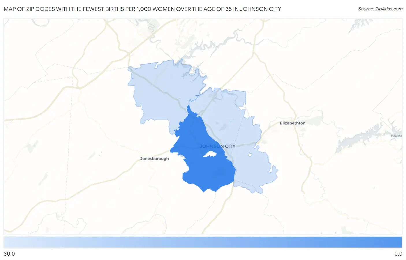 Zip Codes with the Fewest Births per 1,000 Women Over the Age of 35 in Johnson City Map