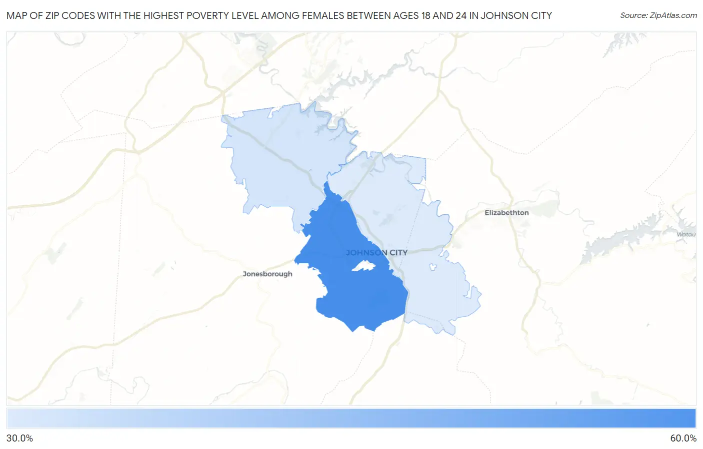 Zip Codes with the Highest Poverty Level Among Females Between Ages 18 and 24 in Johnson City Map