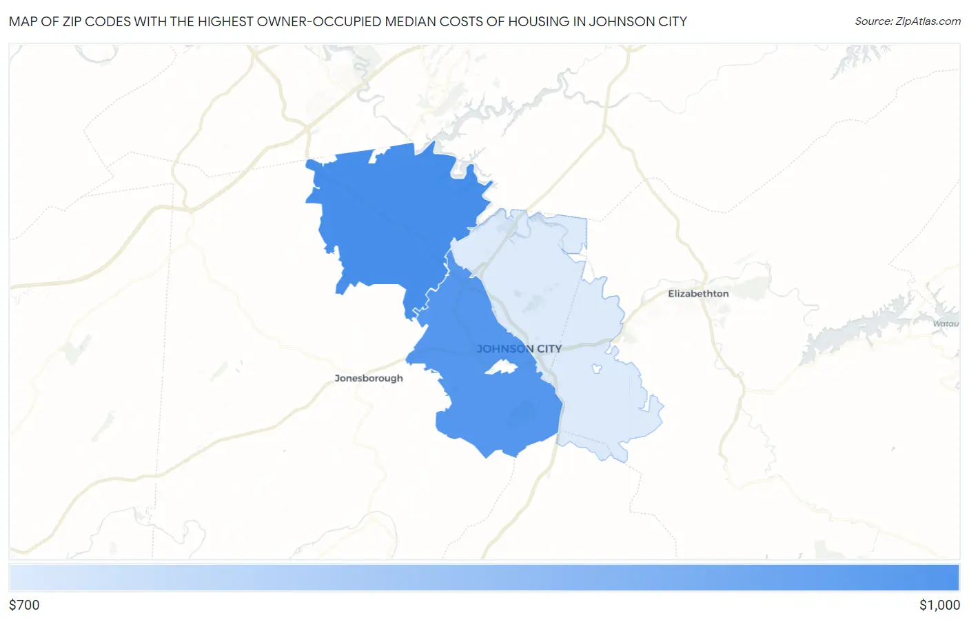 Zip Codes with the Highest Owner-Occupied Median Costs of Housing in Johnson City Map