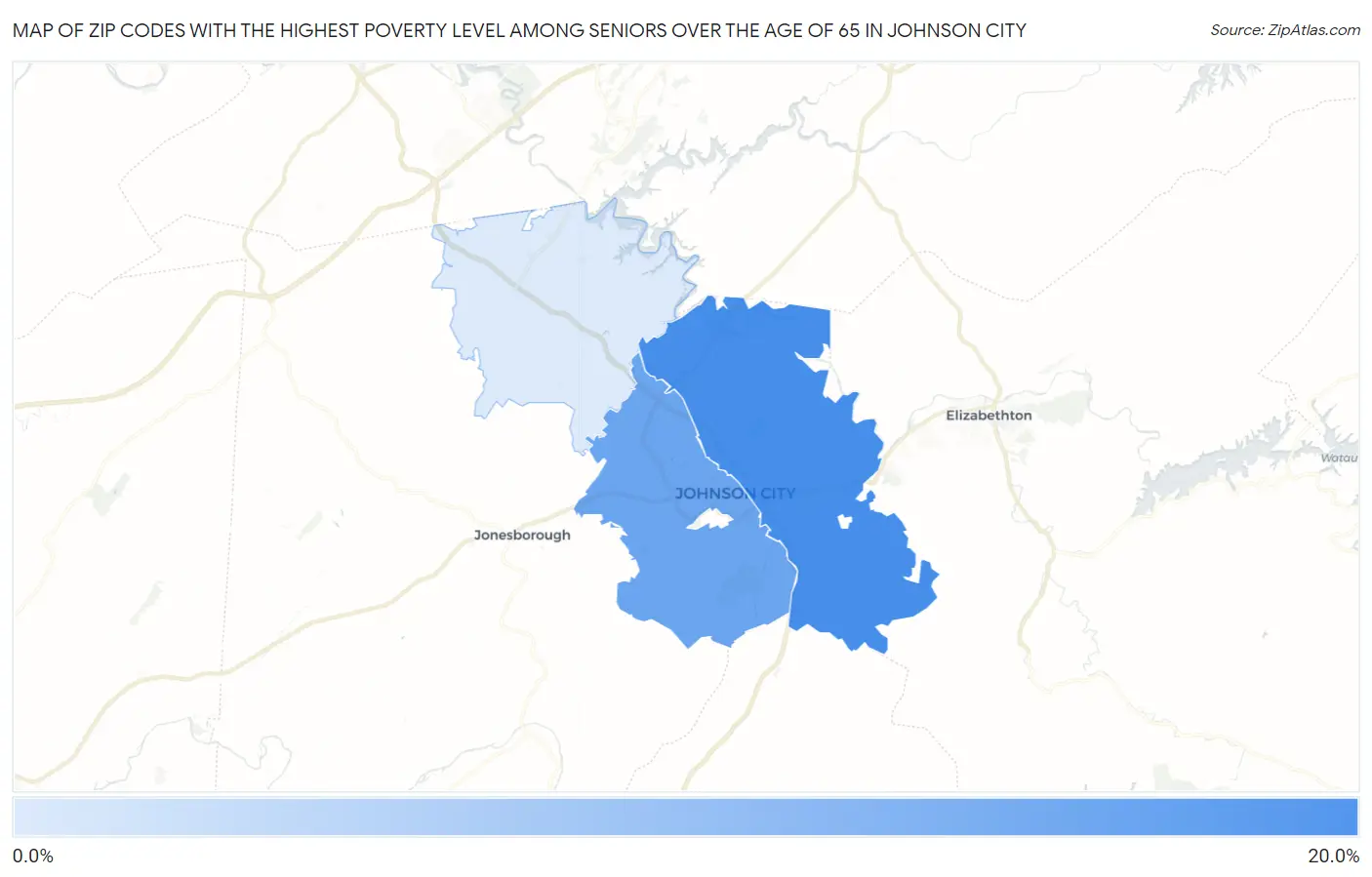 Zip Codes with the Highest Poverty Level Among Seniors Over the Age of 65 in Johnson City Map