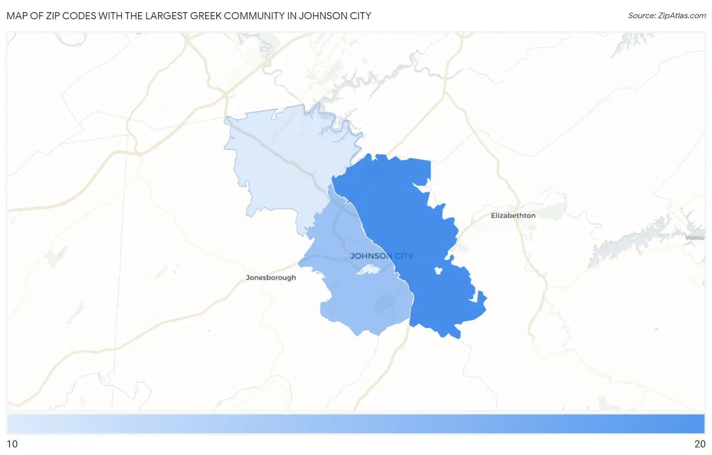 Zip Codes with the Largest Greek Community in Johnson City Map