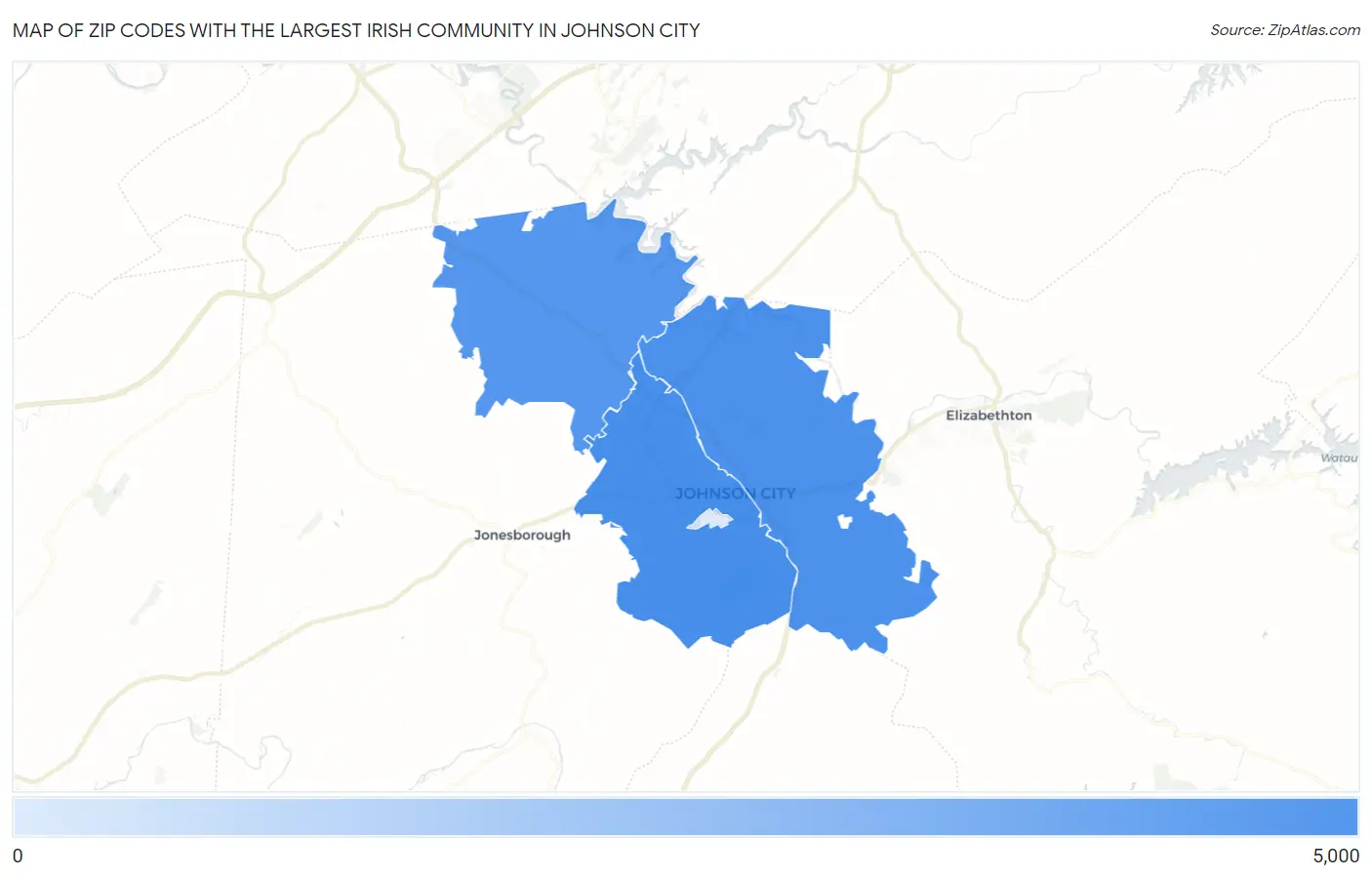 Zip Codes with the Largest Irish Community in Johnson City Map