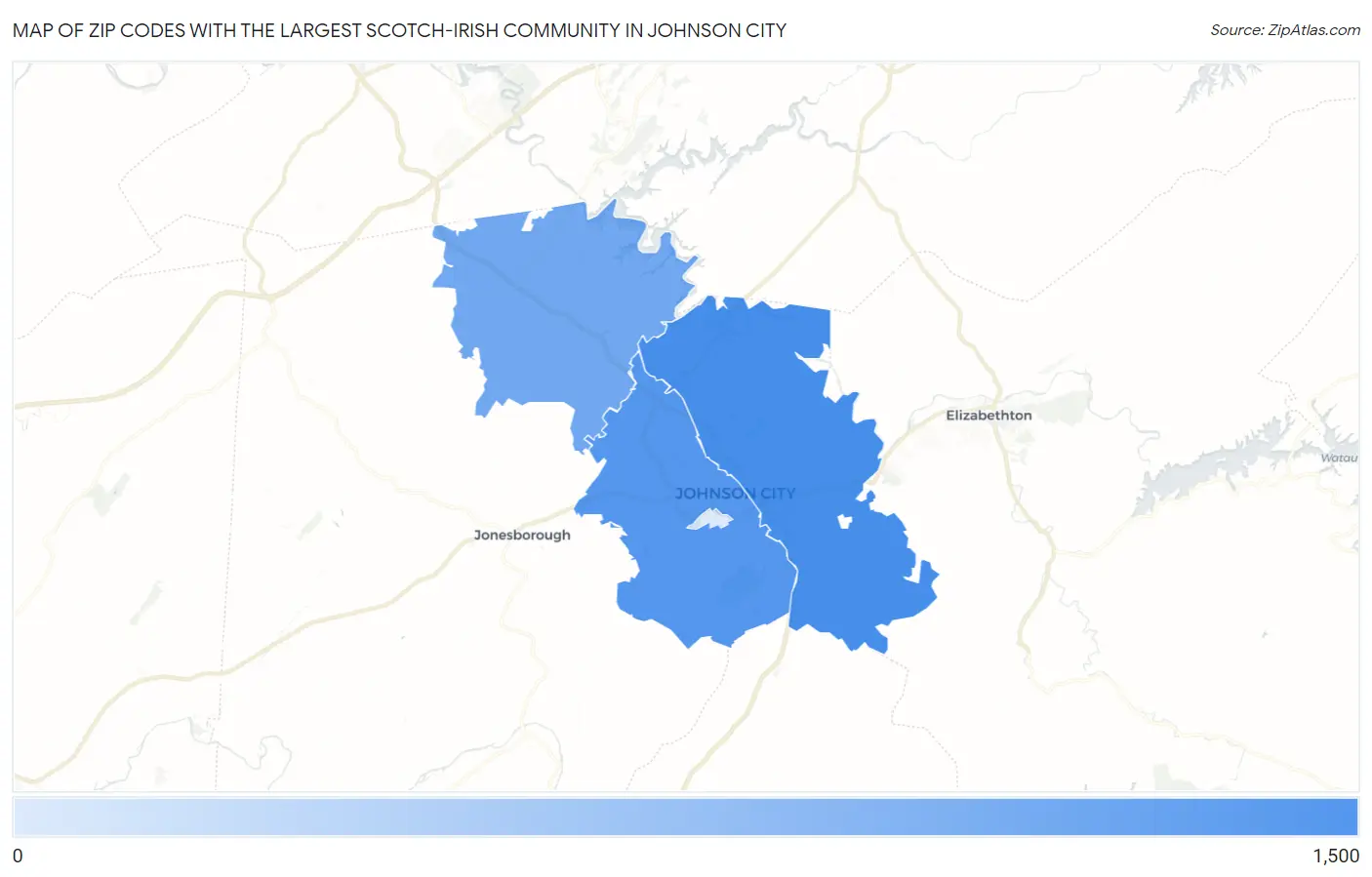 Zip Codes with the Largest Scotch-Irish Community in Johnson City Map